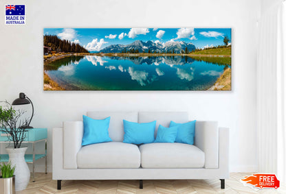 Panoramic Canvas Snow Mountain & Lake Scenery Photograph High Quality 100% Australian Made Wall Canvas Print Ready to Hang
