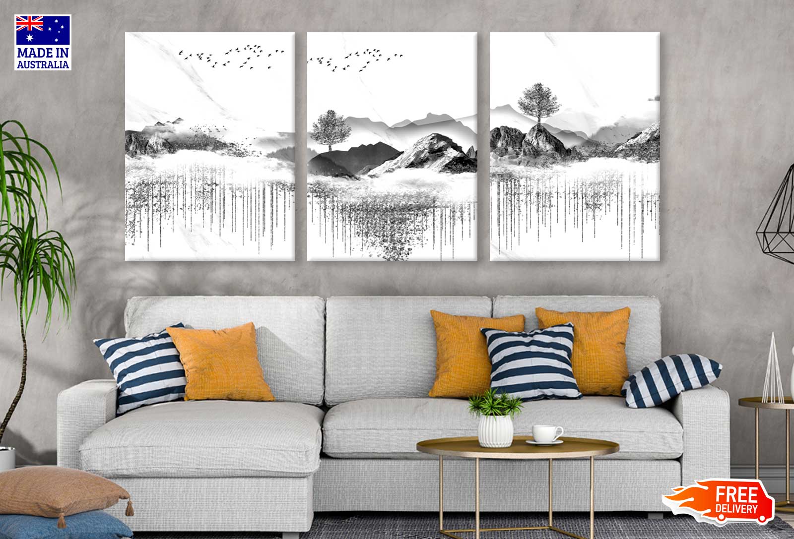 3 Set of Trees on Mountains Illustration High Quality Print 100% Australian Made Wall Canvas Ready to Hang