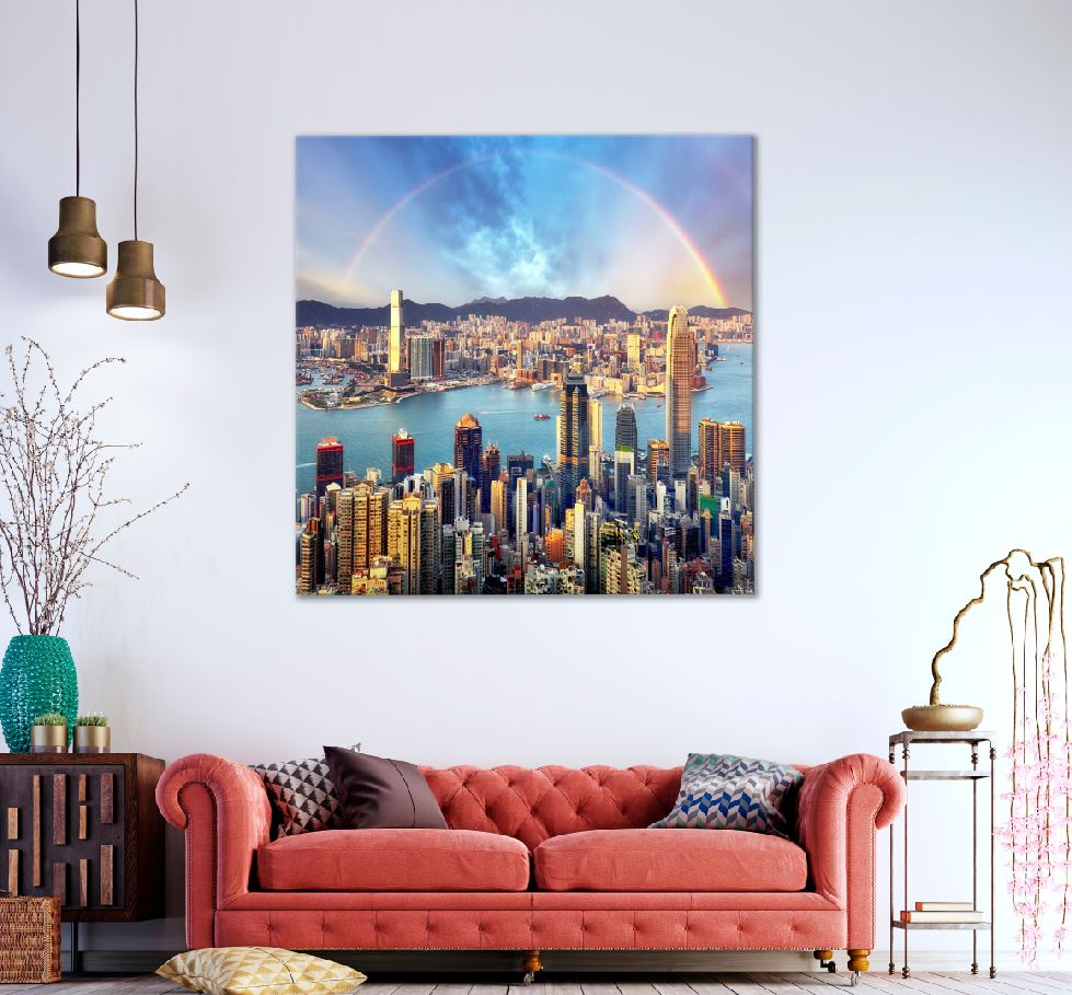 Square Canvas Rainbow over Hong Kong City View Photograph High Quality Print 100% Australian Made