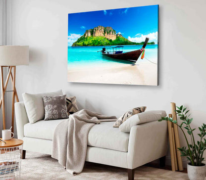 Bella Home Mountain Island & Boat Beach View Print Canvas Ready to hang