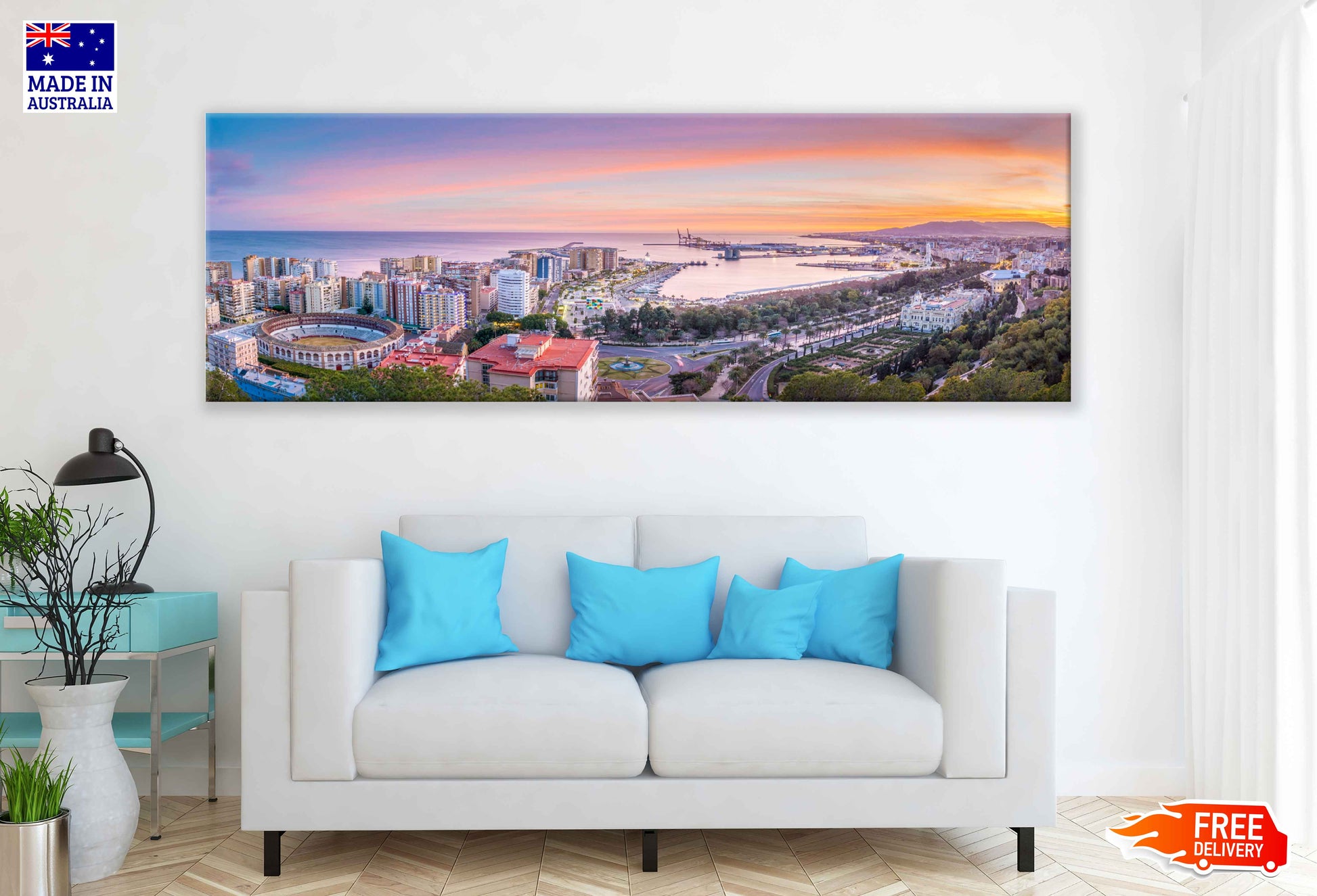 Panoramic Canvas Malaga City Sunset View Photograph High Quality 100% Australian Made Wall Canvas Print Ready to Hang