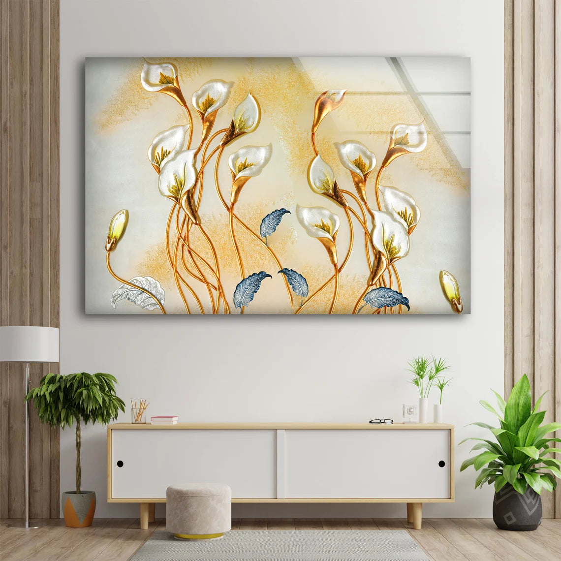 Gold White & Blue Abstract Floral Design Acrylic Glass Print Tempered Glass Wall Art 100% Made in Australia Ready to Hang