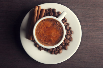 White Coffee Cup with Beans Top View Photograph Print 100% Australian Made