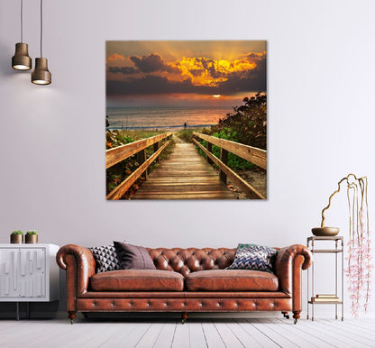 Square Canvas Boardwalk on Beach Sunrise Scenery View High Quality Print 100% Australian Made