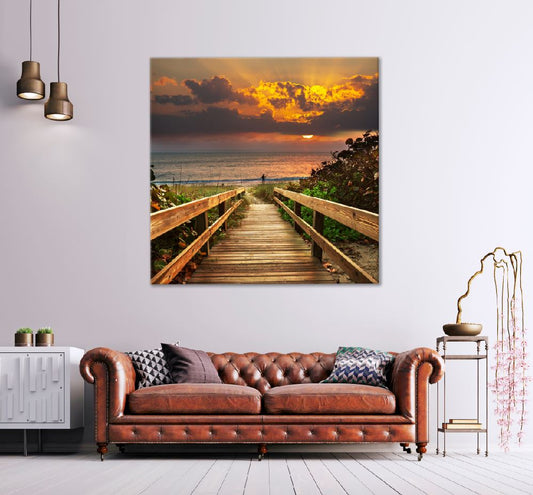 Square Canvas Boardwalk on Beach Sunrise Scenery View High Quality Print 100% Australian Made