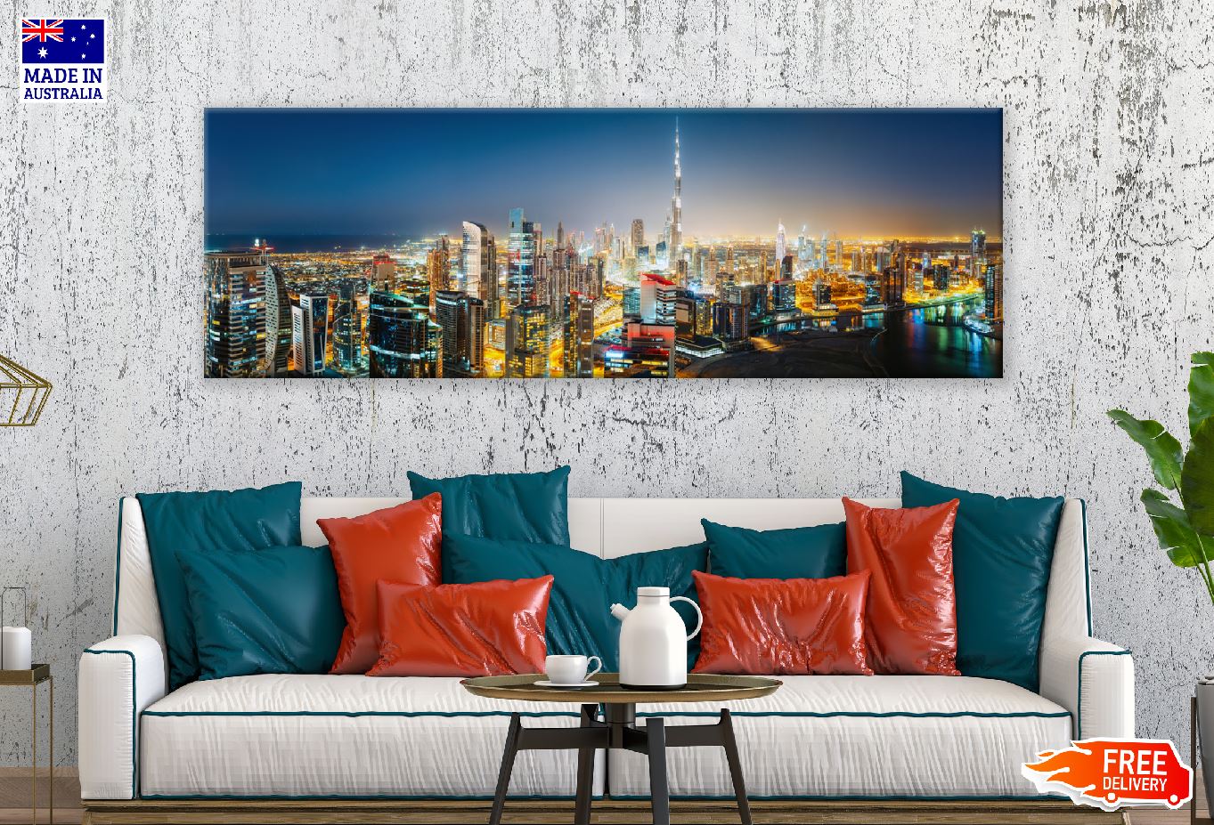 Panoramic Canvas Dubai City Night View Photograph High Quality 100% Australian Made Wall Canvas Print Ready to Hang