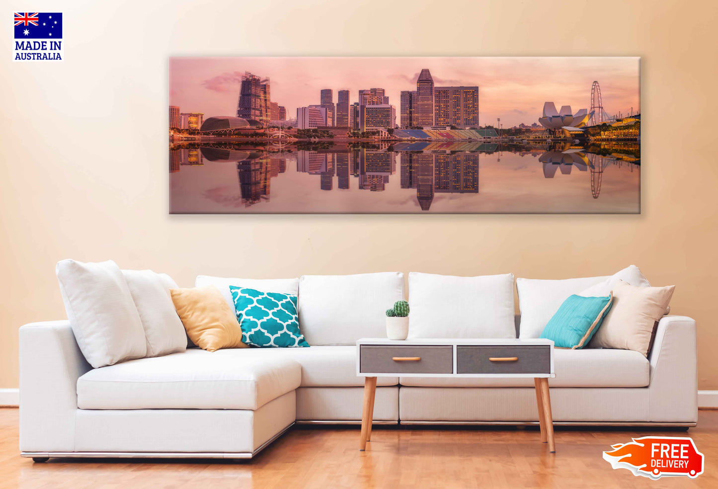 Panoramic Canvas Singapore Skyline Pink Sunset View High Quality 100% Australian Made Wall Canvas Print Ready to Hang