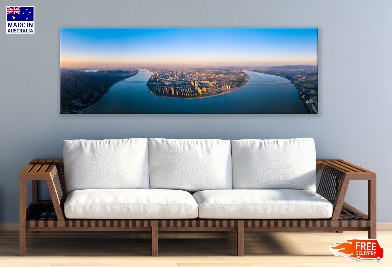 Panoramic Canvas River in Binjiang City Aerial View China High Quality 100% Australian Made Wall Canvas Print Ready to Hang