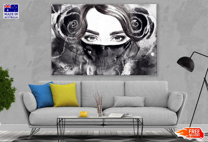 Young Girl With Mask B&W Watercolor Painting Print 100% Australian Made