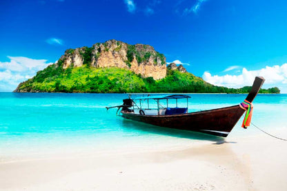 Bella Home Mountain Island & Boat Beach View Print Canvas Ready to hang
