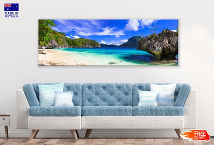 Panoramic Canvas Rocky Beach Blue Sky Photograph High Quality 100% Australian Made Wall Canvas Print Ready to Hang