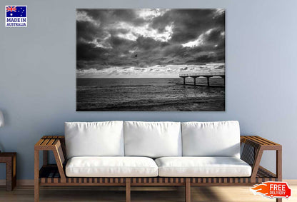 Pier on Sea with Cloudy Sky B&W Photograph Print 100% Australian Made