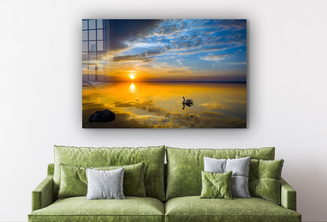 Swan on Lake Sunset Print Tempered Glass Wall Art 100% Made in Australia Ready to Hang