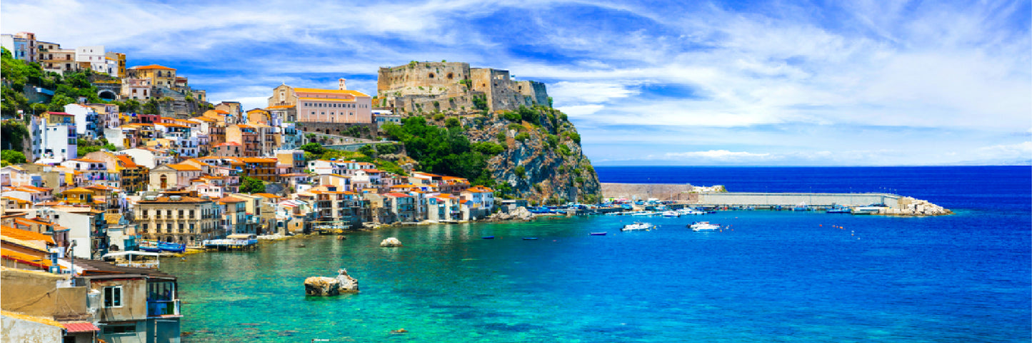 Panoramic Canvas Calabria Town & Sea View Photograph High Quality 100% Australian Made Wall Canvas Print Ready to Hang