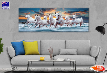 Panoramic Canvas Horses Running on Sea Sunrise Scenery View High Quality 100% Australian Made Wall Canvas Print Ready to Hang