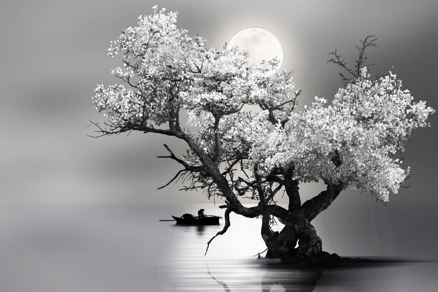 Tree on Lake Full Moon Night B&W Photograph Home Decor Premium Quality Poster Print Choose Your Sizes