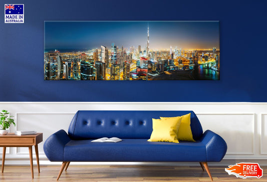 Panoramic Canvas Dubai City Night View Photograph High Quality 100% Australian Made Wall Canvas Print Ready to Hang