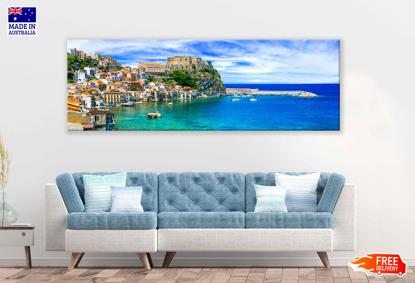 Panoramic Canvas Calabria Town & Sea View Photograph High Quality 100% Australian Made Wall Canvas Print Ready to Hang