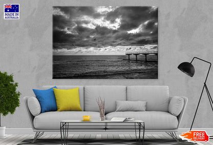 Pier on Sea with Cloudy Sky B&W Photograph Print 100% Australian Made