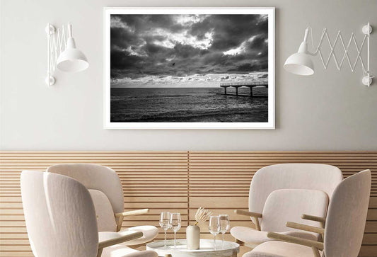 Pier on Sea with Cloudy Sky B&W View Photograph Home Decor Premium Quality Poster Print Choose Your Sizes