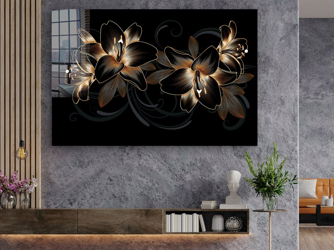 Golden Flower Abstract Print Tempered Glass Wall Art 100% Made in Australia Ready to Hang