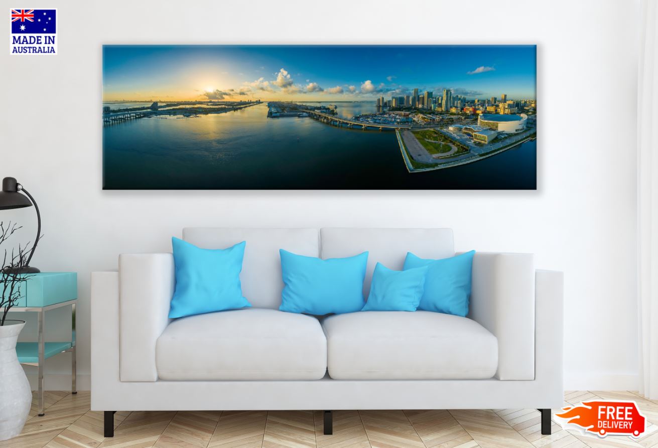 Panoramic Canvas City & Sea Sunset High Quality 100% Australian Made Wall Canvas Print Ready to Hang