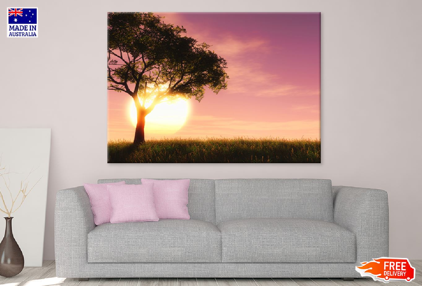 Alone Tree on Grass Sunset View Photograph Print 100% Australian Made