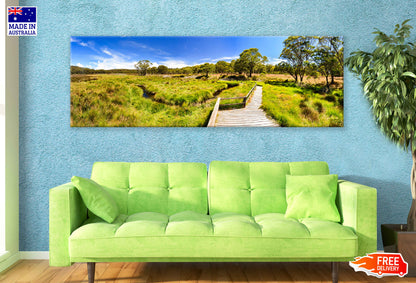 Panoramic Canvas Field Wooden Walkway View Photograph High Quality 100% Australian Made Wall Canvas Print Ready to Hang