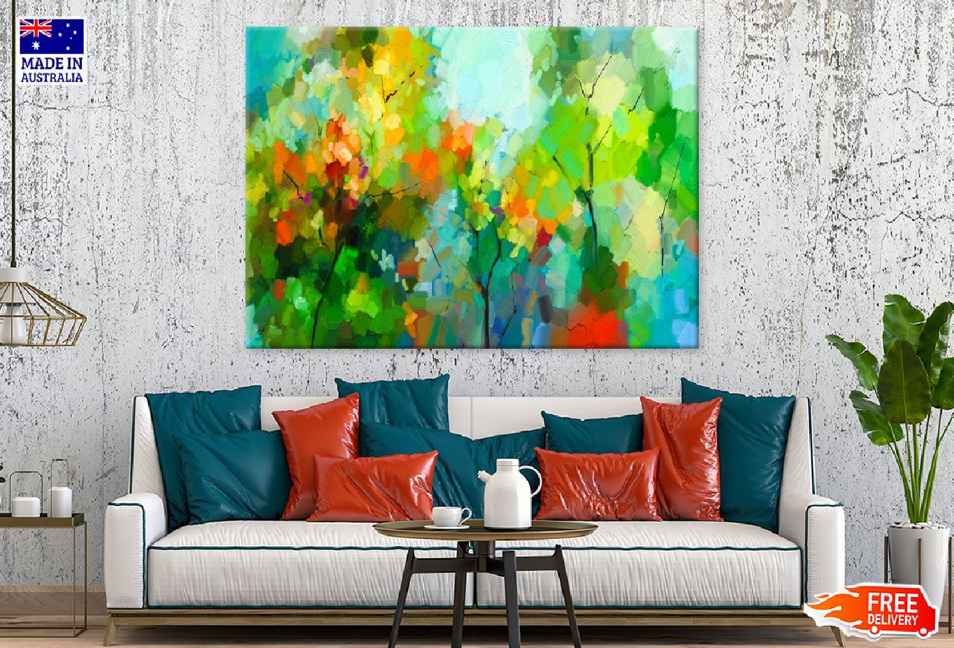 Red Yellow & Green Trees Abstract Design Print 100% Australian Made