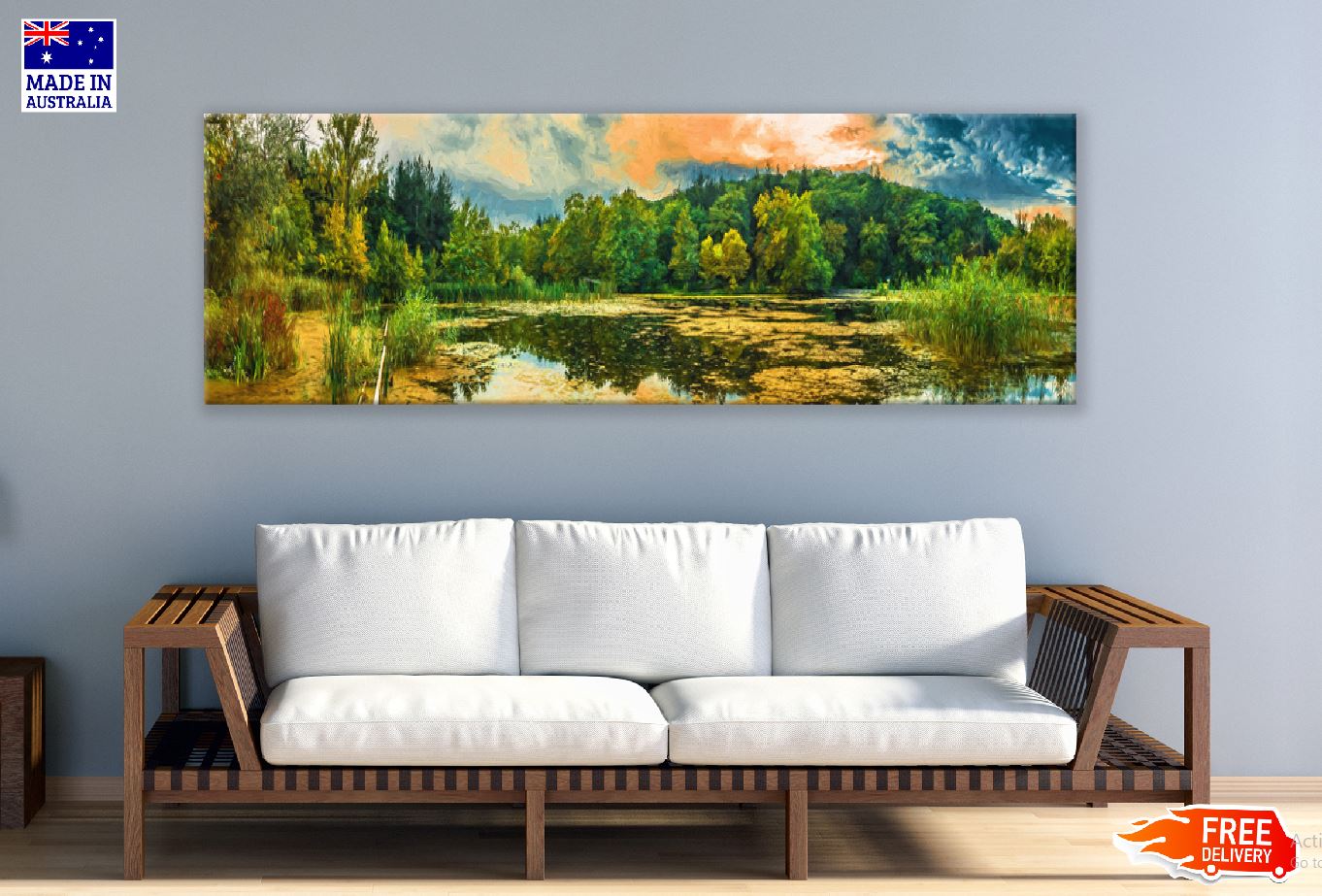 Panoramic Canvas Lake & Forest Oil Painting High Quality 100% Australian Made Wall Canvas Print Ready to Hang