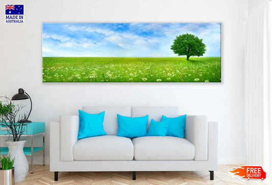 Panoramic Canvas Tree on Grass Field View Photograph High Quality 100% Australian Made Wall Canvas Print Ready to Hang