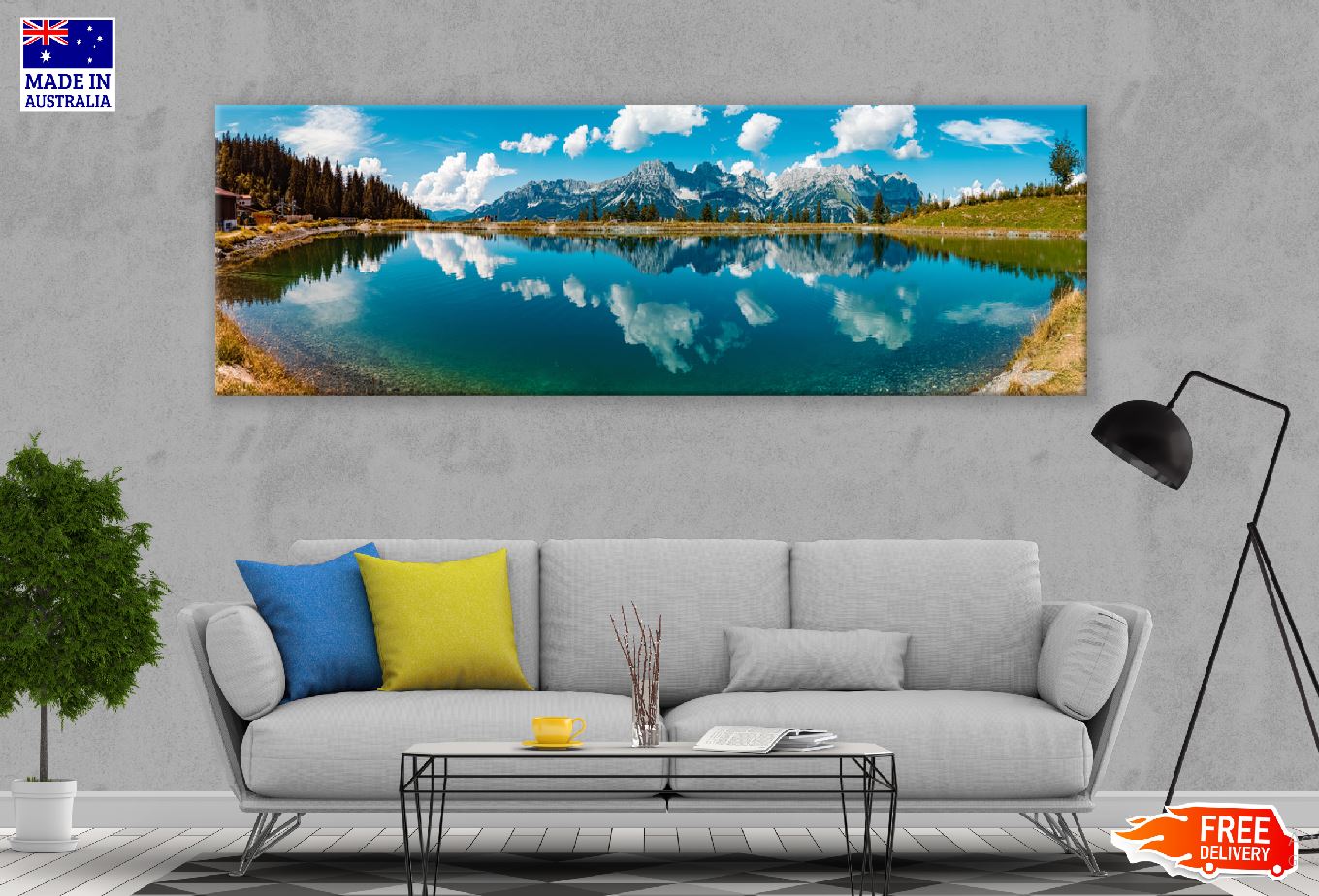 Panoramic Canvas Snow Mountain & Lake Scenery Photograph High Quality 100% Australian Made Wall Canvas Print Ready to Hang