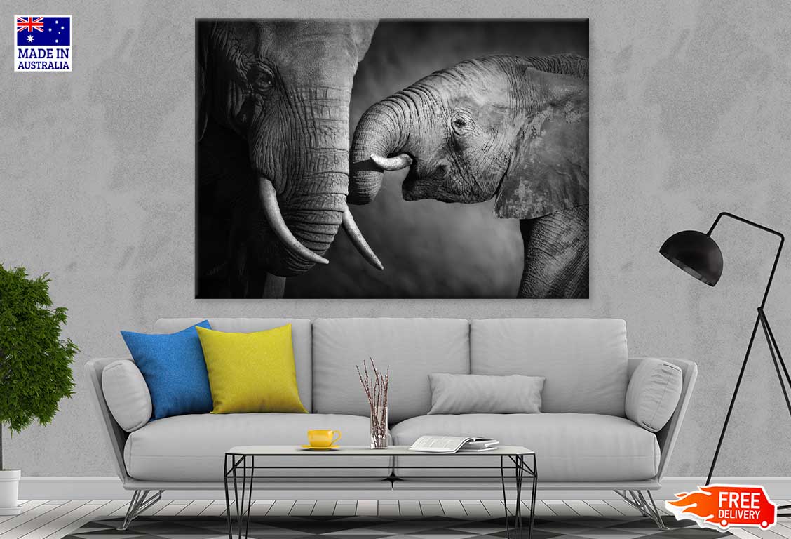 Baby Elephant with Mom B&W View Photograph Print 100% Australian Made