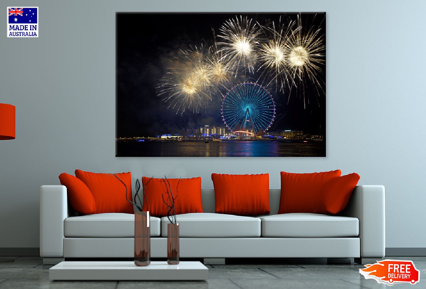 Fireworks on Night City View Photograph Print 100% Australian Made