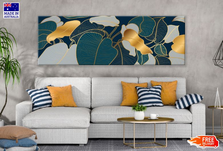 Panoramic Canvas Green & Gold Vector Leaves Design High Quality 100% Australian Made Wall Canvas Print Ready to Hang