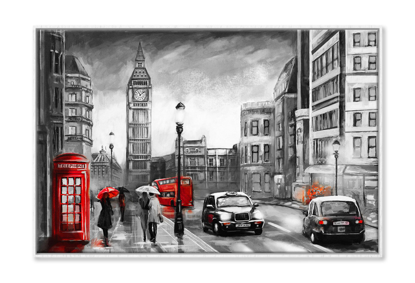 B&W Big Ben Street View with Red Bus & Booth Painting Wall Art Limited Edition High Quality Print Canvas Box Framed White