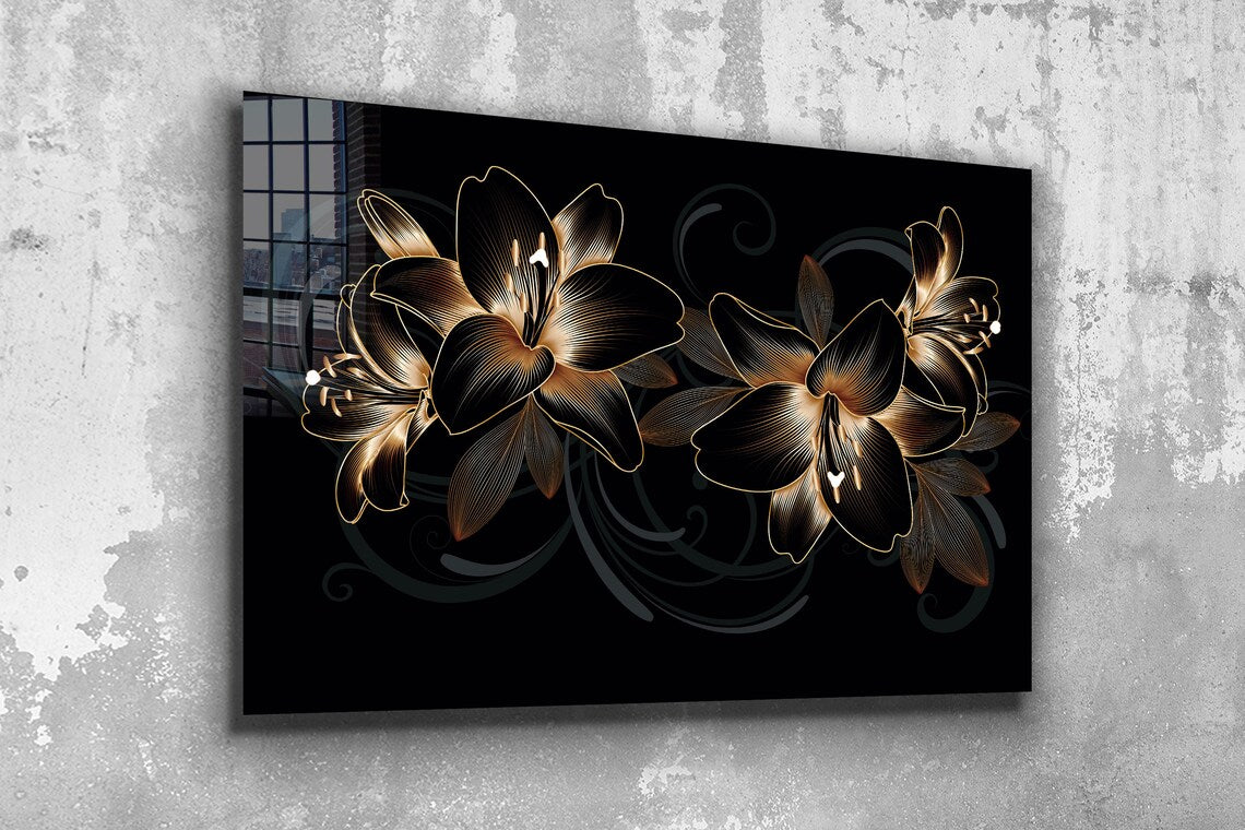 Golden Flower Abstract Print Tempered Glass Wall Art 100% Made in Australia Ready to Hang