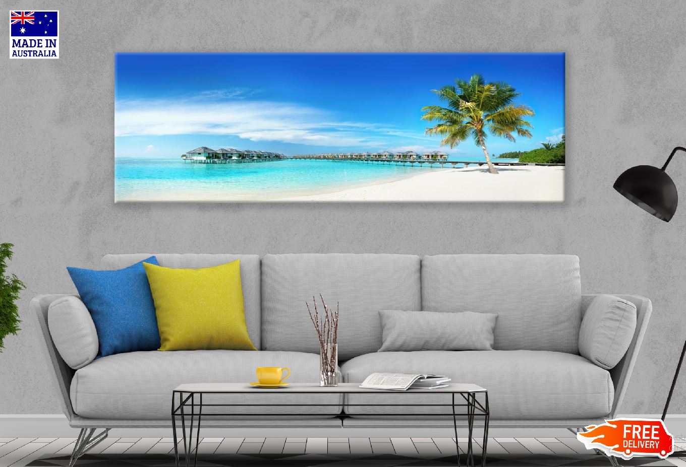 Panoramic Canvas Bungalows on Sandy Sea Photograph High Quality 100% Australian Made Wall Canvas Print Ready to Hang