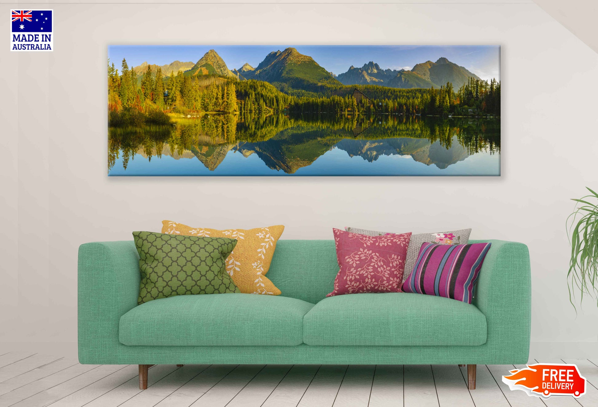 Panoramic Canvas Mountain Forest Lake Scenery Photograph High Quality 100% Australian Made Wall Canvas Print Ready to Hang