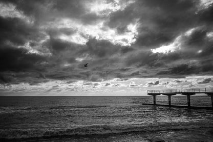 Pier on Sea with Cloudy Sky B&W View Photograph Home Decor Premium Quality Poster Print Choose Your Sizes