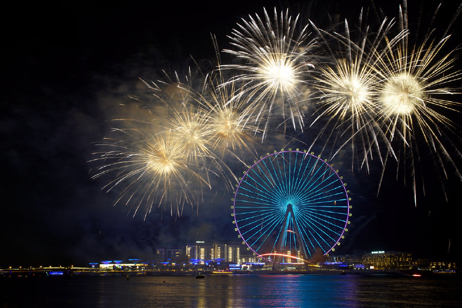 Fireworks on Night City View Photograph Print 100% Australian Made