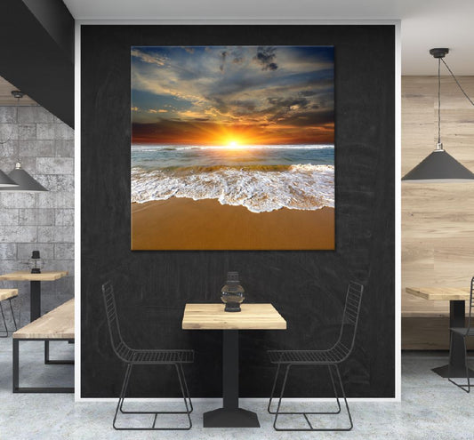 Square Canvas Sunset over Sea & Waves View High Quality Print 100% Australian Made