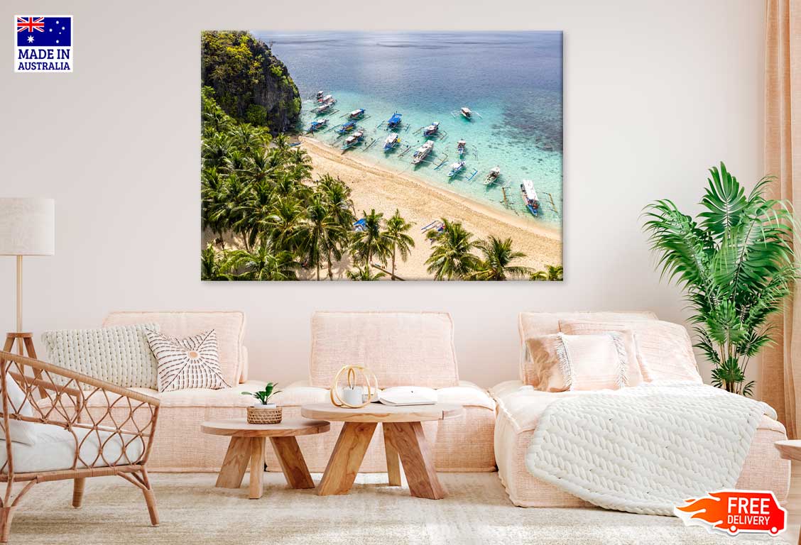 Sail Boats & Palms near Beach Aerial View Photograph Print 100% Australian Made