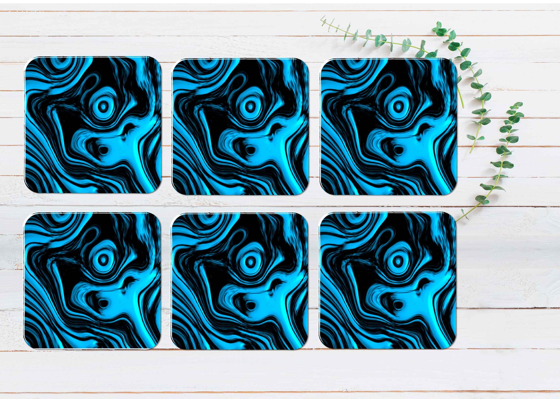 Blue & Black Abstract Coasters Wood & Rubber - Set of 6 Coasters