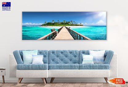 Panoramic Canvas Stunning Wooden Bridge Over Sea Scenery Photograph High Quality 100% Australian Made Wall Canvas Print Ready to Hang