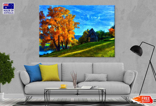 Autumn Tree & House Oil Painting Print 100% Australian Made