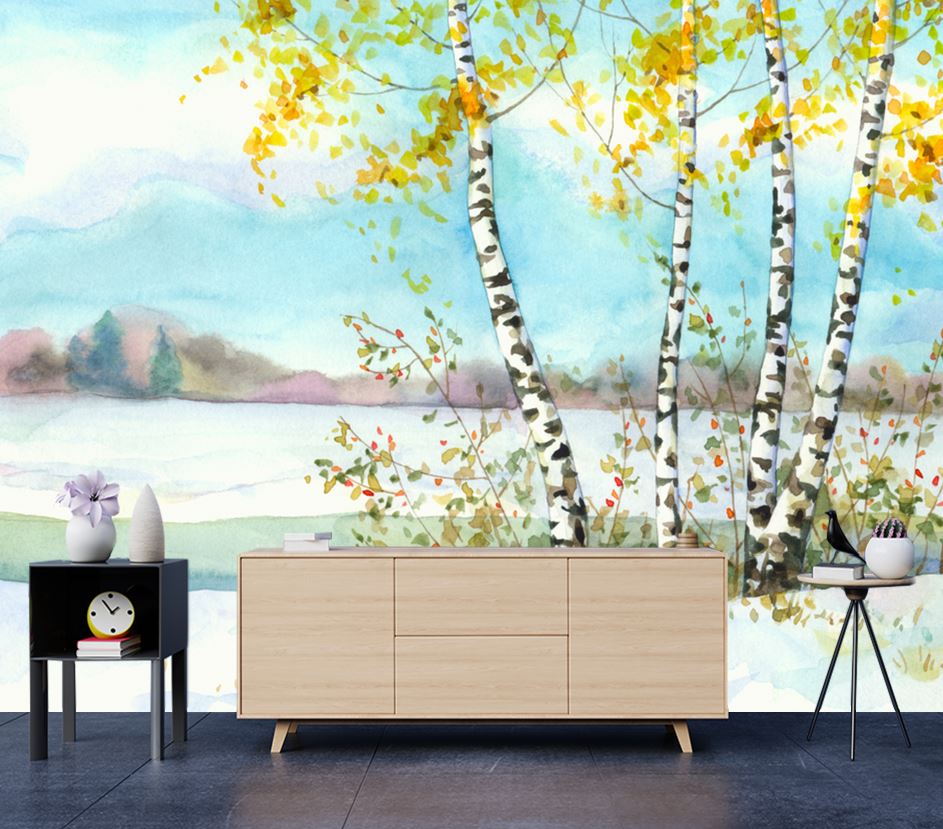 Wallpaper Murals Peel and Stick Removable Stunning Trees & Snowy Ground Watercolor Painting High Quality