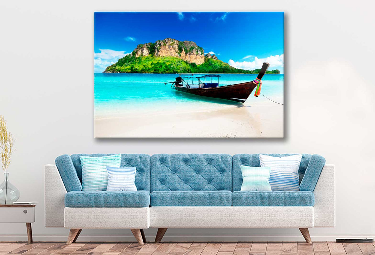 Bella Home Mountain Island & Boat Beach View Print Canvas Ready to hang