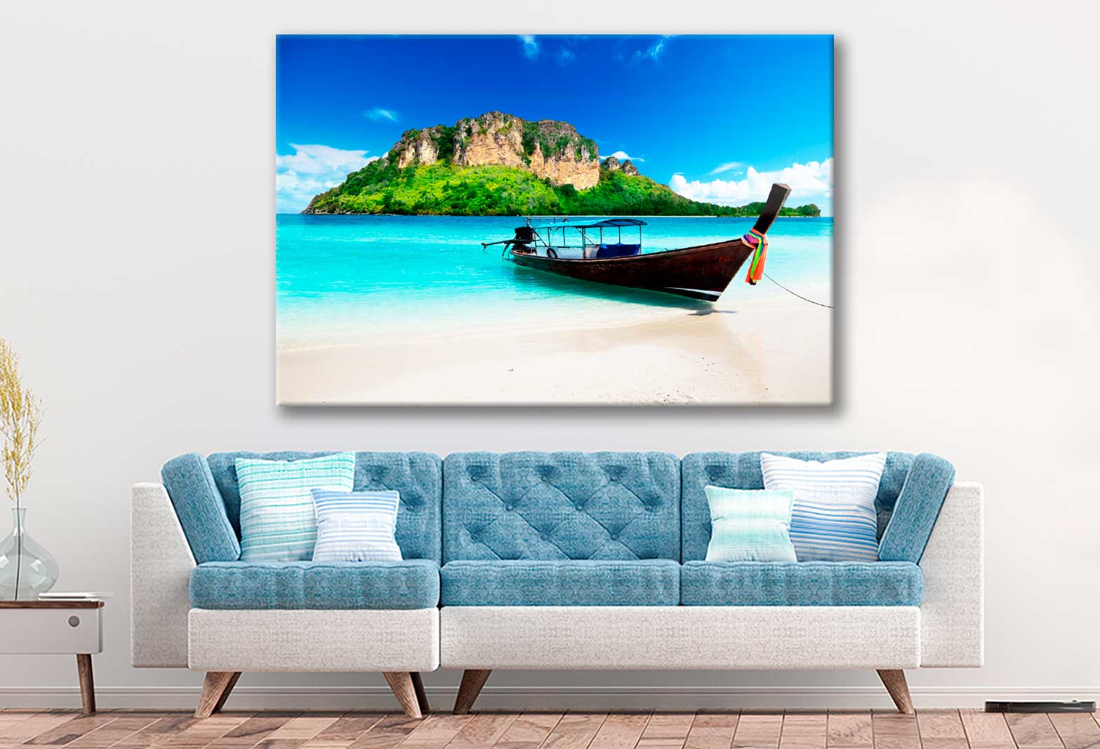 Bella Home Mountain Island & Boat Beach View Print Canvas Ready to hang