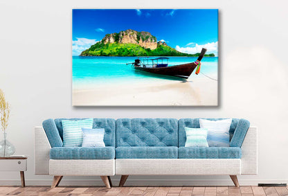 Bella Home Mountain Island & Boat Beach View Print Canvas Ready to hang